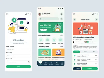 E-Learning Mobile App UI/UX Design — Learn Anytime, Anywhere appdesign courses dashboard edtech educationapp elearning learning learningplatform mobileapp online onlinestudy peers remote school student teacher tutors ui uiuxdesign ux