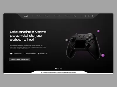 Website E-commerce : JoyS black branding conception dinterface console controller créativité dark theme design e commerce figma futur game identité visuelle performance product design product detail page ui ux website