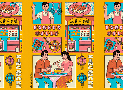Hawker Halls Singapore Illustration asia cafe chef chicken community cook eat editorial editorial illustration food food hall food truck illustration lettering magazine people singapore stand travel