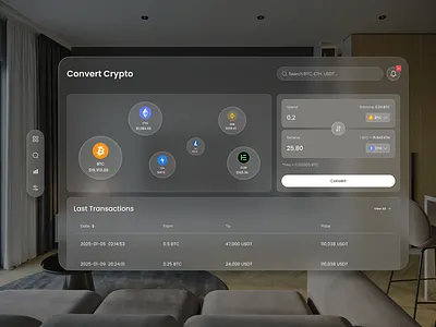 Vision Pro Crypto Converter Dashboard bubbles cards convert crypto cta dashboard glassmorphysm input swap table visionpro