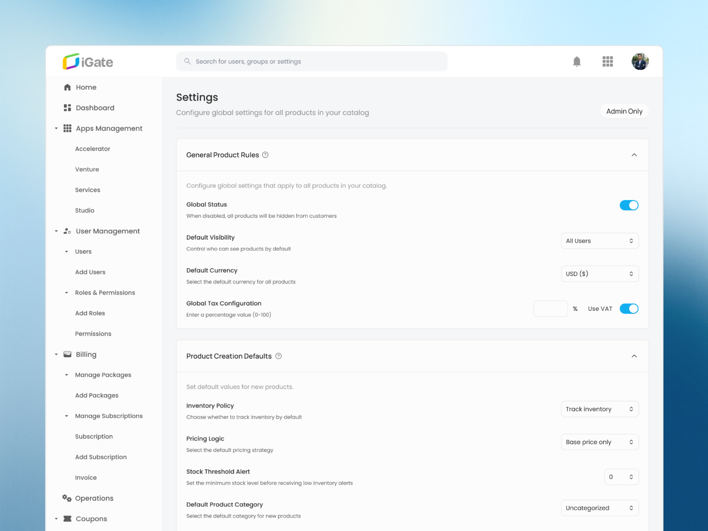 iGate Product Settings Dashboard animation app branding clean dailyui design figma flat graphic design icon logo motion graphics ui ui design uiux ux vector web web design website