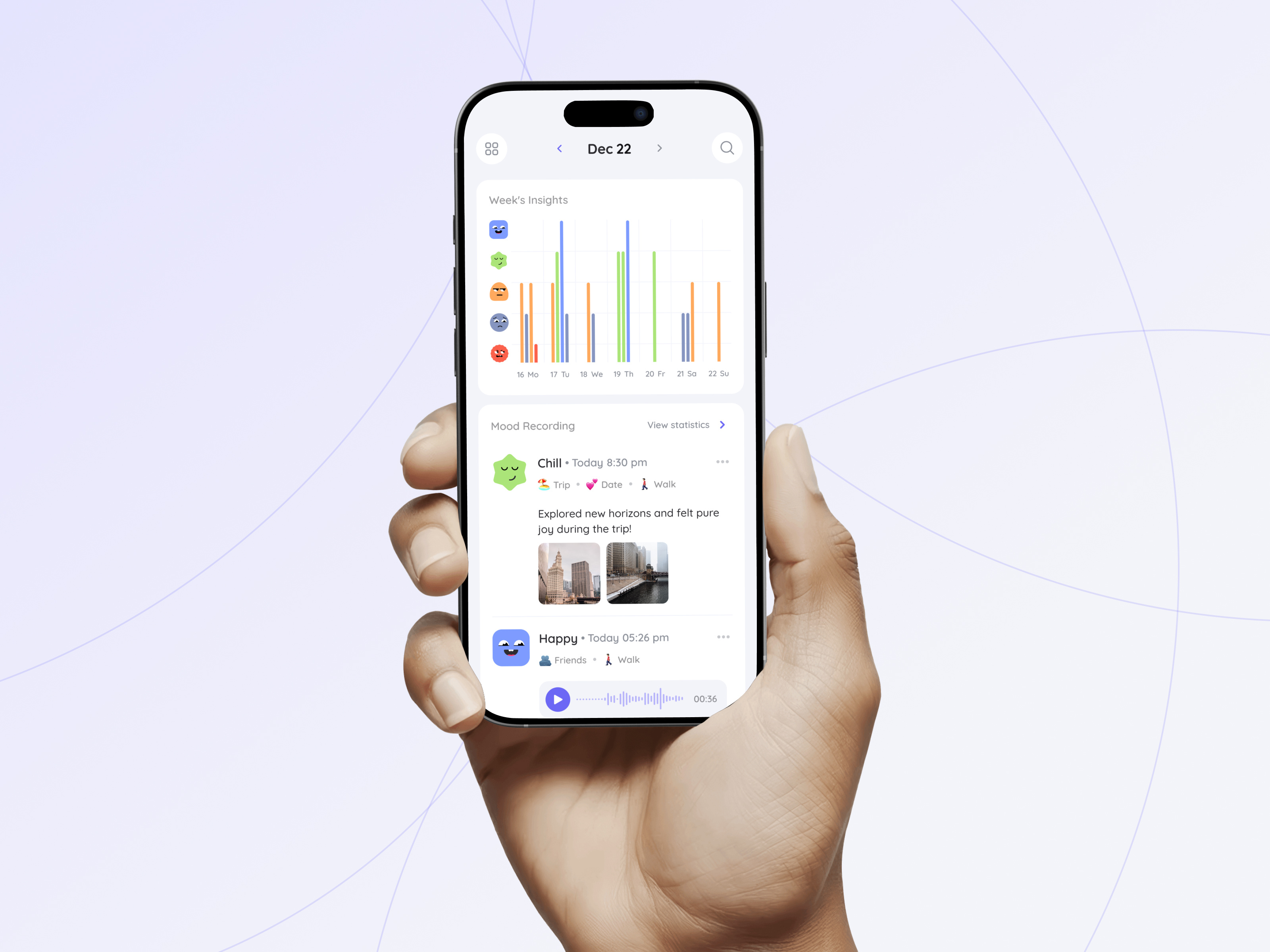 Mood Tracker App UI appdesign cleanui dailytracker design emotions healthapp journalapp mental health mobile app mobileui mood moodtracker selfcare ui uiux ux uxdesign wellbeing