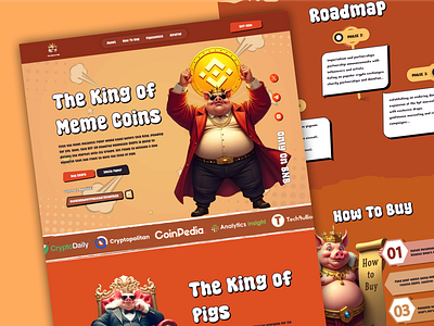 The King of Meme Coins blockchain ui colorful ui crypto app crypto branding crypto dashboard crypto design crypto landing page crypto website digital currency fintech ui fun crypto meme coin meme design meme token modern landing page nft design playful design token website web3 design web3 website