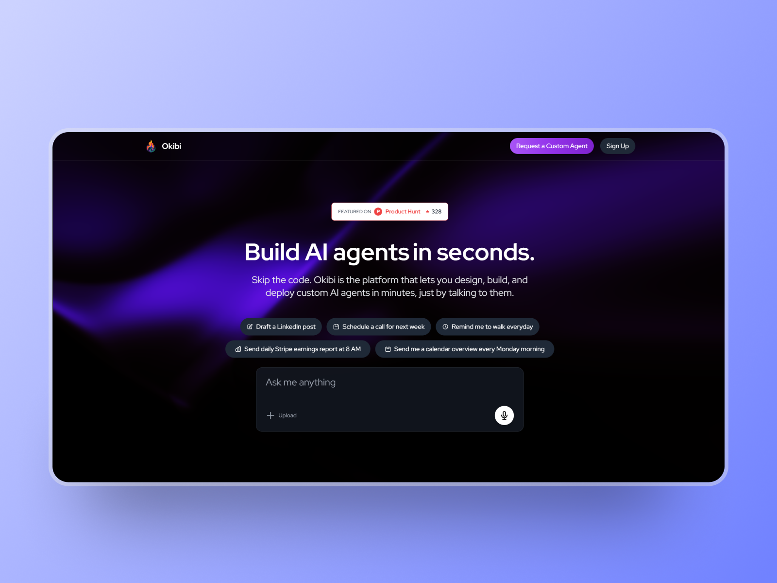 OKIBI AI Landing Page Re-Design ai app artificial intelligence darkmode design hero section landing purple ui uiux ux web web design