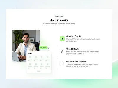 Medical Test Kit Website – How It Works Section clean medical landing page diagnostic service website health diagnostics platform health services website health tech website healthcare company site healthcare landing page healthcare ui design how it works section lab services website medical ecommerce design medical test kit website medical website design modern healthcare website online health platform online medical store secure results online step by step process ui telemedicine web design wellness service site