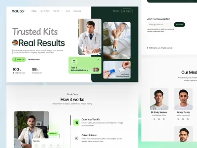 Medical Test Kit Website – Homepage & Process Overview clean medical landing page diagnostic service website doctor team section ui health diagnostics platform health services website health tech website healthcare company site healthcare landing page healthcare ui design homepage design healthcare how it works section lab services website medical ecommerce design medical test kit website medical website design modern healthcare website online health platform online medical store telemedicine web design wellness service site
