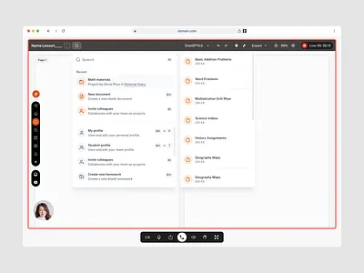 Educational Platform Dashboard with Live Session Recording admin component dashboard design education learning live record student ui ux web