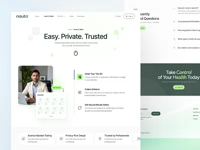 Medical Test Kit Website – How It Works Page UI clean medical landing page diagnostic service website faqs section ui health diagnostics platform health services website health tech website healthcare company site healthcare how it works page healthcare ui design lab services website medical ecommerce design medical test kit website medical website design modern healthcare website online health platform online medical store privacy first healthcare ui step by step process ui telemedicine web design wellness service site