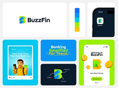 BuzzFin Logo & Branding – Teen Banking Fintech Platform Identity 3d app bank banking bar chart branding finance fintech gen z kids logo playful savings teen teen banking teen fintech teen logo visual identity youth banking youthful