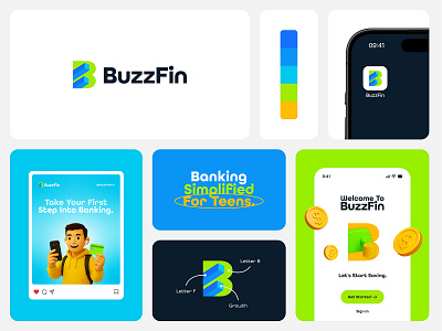 BuzzFin Logo & Branding - Teen Banking Fintech Platform Identity 3d app bank banking bar chart branding finance fintech gen z kids logo playful savings teen teen banking teen fintech teen logo visual identity youth banking youthful