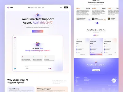 AI Agent Support SaaS Landing Page ai ai agent design interface product saas startup ui ux web