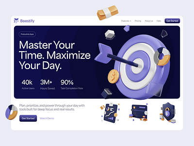 Boostify - Finance Platform Hero Section 3d calendar design icon illustration minimal modern organization productivy projects saas task time ui ux website work workflow