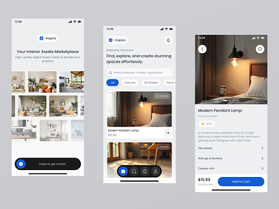 Inspira – Interior Assets Marketplace App android application design clean design design detail page e commerce e commerce app homepage interior ios marketplace mobile app mobile design modern design property assets ui uidesign uiux ux uxdesign