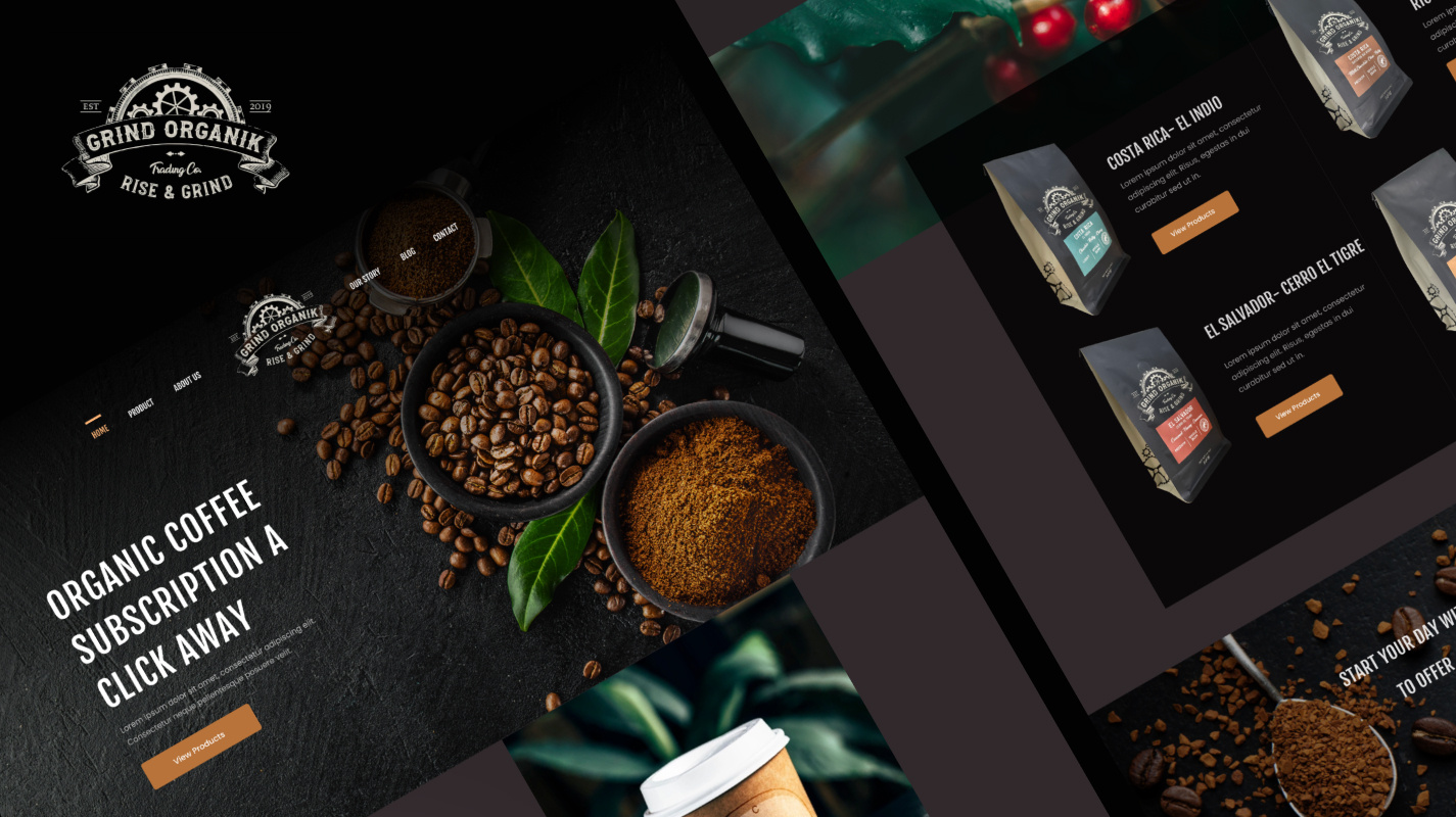 Redesign of Grind Organik coffee coffee store dark ecommerce shopify woocommerce