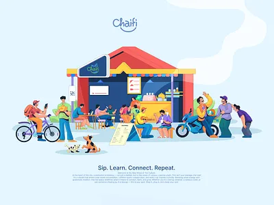 Chaifi - Sip. Learn. Connect. Repeat. branding character design chifi concept art flat style gather illustration illustrator storytelling study tea stall tong shop vector youth
