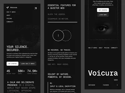 Voicura : Cybersecurity - Responsive Landing Page brandingdesign cleanui cybersecurity darkmode designexploration editorialdesign landingpage minimaldesign modernweb monochrome noirdesign noisydesign techwebsite uidesign userinterface uxdesign visualidentity websdesign websiteconcept websitelayout