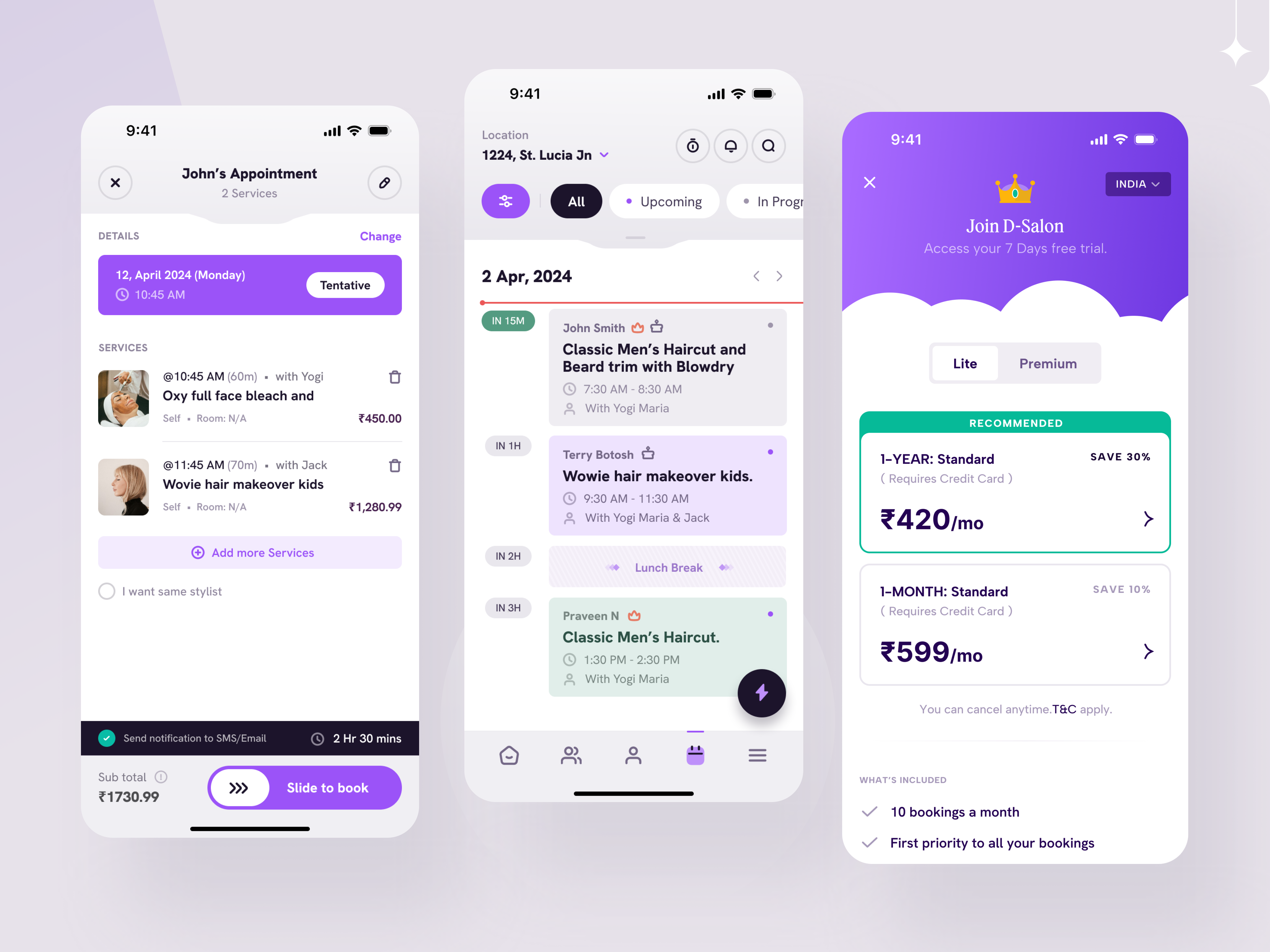 Salon Appointment booking appointment barbershop beauty salon booking cards cart ecommerce landing page list mobile app payment premium pricing quick commerce saas salon schedule spa stylist ui