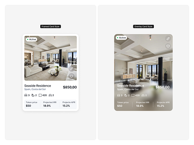 Real Estate Listing Cards card card interface card ui component fintech investment nft overlay card style product design property card design property listing component real estate real estate app real estate nft real estate token platform real estate ui realestateui saas saas design tokenized real estate