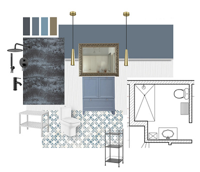 Concept collage. Dark blue bathroom. architecture bathroom collage concept dark blue gold and blue interior homestaging interior design interior project vintage mirrow