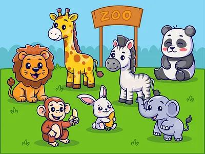 Animal Zoo🦒🦁🦓 animals branding cartoon character cute doodle elephant fauna flat giraffe grass icon illustration lion logo monkey panda rabbit zebra zoo