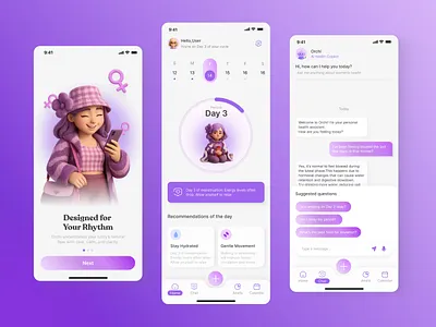 Woman health tracking app | UI/UX | Healthcare & Wellbeing android app cycle tracking app feminine digital health ux health assistant mobile app healthcare app healthcare tech ios app minimal user interface design mobile app design modern app design for women period tracker app purple aesthetic app design ui uiux wellness ai wellness tech womens health ui