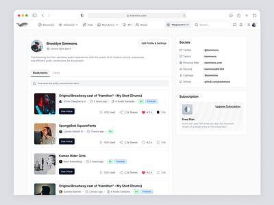 Fish Audio – Creator Profile Page for SaaS AI Audio Generation ai ai audio ai voice generation audio app audio generation content creator dashboard product design profile page saas saas design ui ux voice generation web app web design