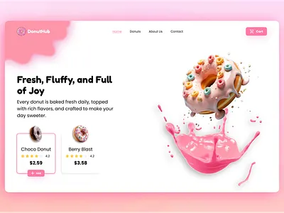Title: DonutHub – Sweet & Playful Landing Page branding colorful donut figma fun color graphic design landing page minimal pink splash ui