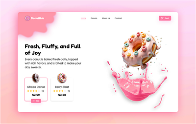 Title: DonutHub – Sweet & Playful Landing Page branding colorful donut figma fun color graphic design landing page minimal pink splash ui