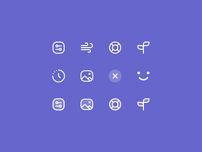 Custom Icon Set clean close custom design duotone duration help icon leaf pack photo picture purple set settings simple smiley time wind