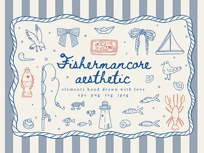 Fishermancore aesthetic creative market design elements fishermancore hand drawn illustration pattern sea summer vector whimsical