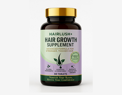 Hairlush+ Hair Growth Supplement Label Design 3d 3d mockup app bag design bottle branding cosmetics design graphic design haircare health illustration label label design logo packaging packaging design skincare ui