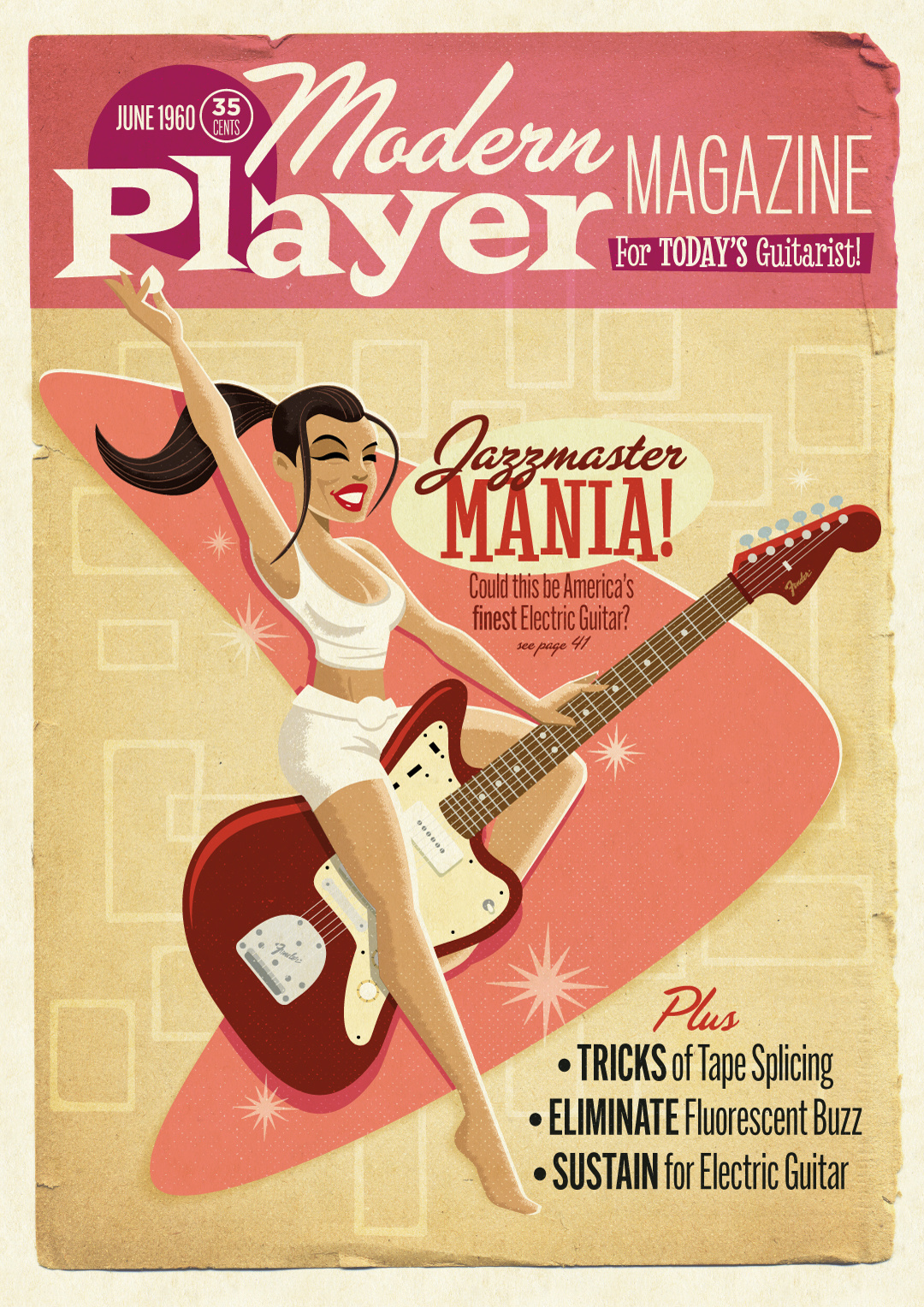 Modern Player Magazine cherry red illustration jazzmaster mid century modern music pin up pink publication design typography