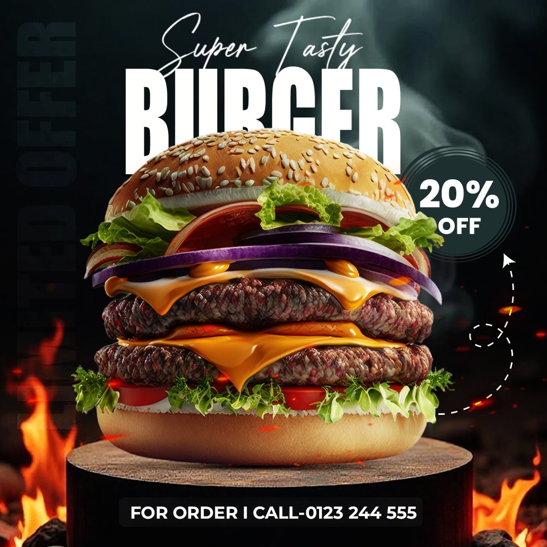 Super Tasty Double Cheese Burger || Eye-Catching Burger Ads branding burger burger ads eye catching burg fastfood graphic design graphixcarry mustakimahmedrezwan