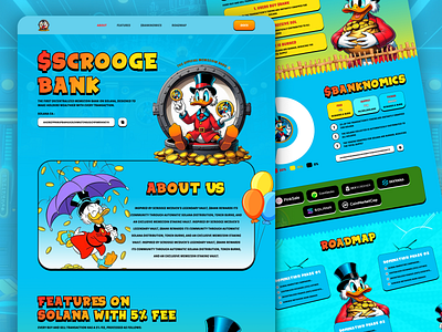 Meme Coin Scrooge Bank Website blockchain ui colorful ui crypto app crypto branding crypto dashboard crypto design crypto landing page crypto website digital currency fintech ui fun crypto meme coin meme design meme token modern landing page nft design playful design token website web3 design