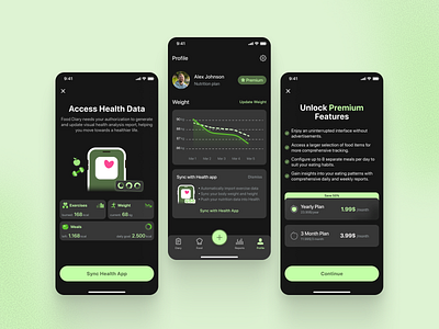 Food Diary | Health & Nutrition App | Dark Mode access apple health food food diary health ios nutrition premium plan profile sync weight