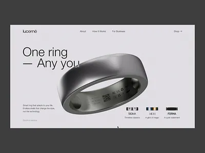 Lucerné • Modular Smart Ring • Landing Page Concept 3d after effects animation blender branding clean concept design graphic design helvetica landing page logo minimal minimalistic motion graphics product design smart ring tech ui ux