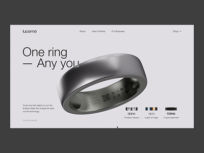 Lucerné • Modular Smart Ring • Landing Page Concept 3d after effects animation blender branding clean concept design graphic design helvetica landing page logo minimal minimalistic motion graphics product design smart ring tech ui ux