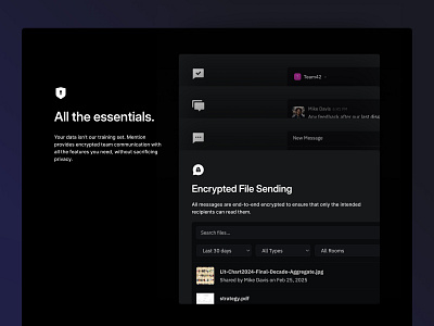 Mention | Scrolling features section UI chat app clean ui dark mode ui data protection encrypted messaging enterprise tools figma design file manager messaging ui minimal layout privacy first saas search filter ui secure file sharing security software team communication