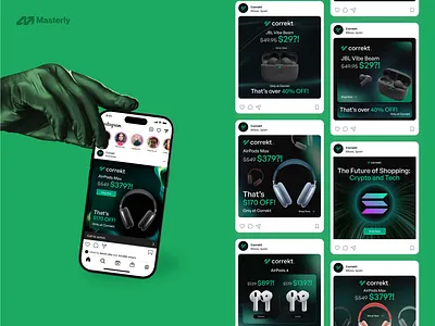 Social Media Ads for Crypto-Powered Marketplace | Masterly ad design advert creative designs crypto design digital marketing graphic design illustration illustration design mobile design product highlights promotional materials purchase design sale ads shopping social media social media ads social media design tech ux