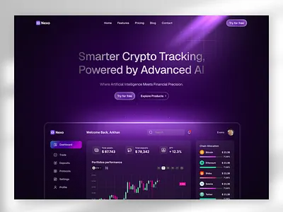 Crypto AI portfolio tracking landing page crypto ai landing page crypto dark landing page crypto landing page crypto portfolio dark purple landing page glow effect glowing dashboard hero section light rays saas landing page