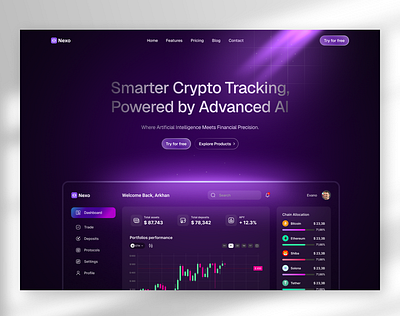 Crypto AI portfolio tracking landing page crypto ai landing page crypto dark landing page crypto landing page crypto portfolio dark purple landing page glow effect glowing dashboard hero section light rays saas landing page