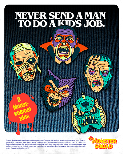 Monster Squad Enamel Pins 80s art creature creepy design dracula enamel pin flat frankenstein halloween horror movies illustration monster squad monsters mummy nostalgia photoshop retro vector wolfman