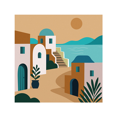 Golden end of summer ✨ afternoon beach botanical cozy flat graphic design greece houses illustration minimal minimalistic plants poster retro santorini sea summer traveling vintage warm