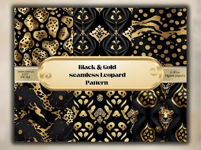 Black and gold seamless leopard pattern digital paper pack stylish digital paper