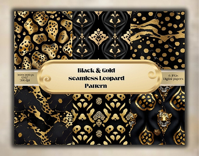 Black and gold seamless leopard pattern digital paper pack stylish digital paper