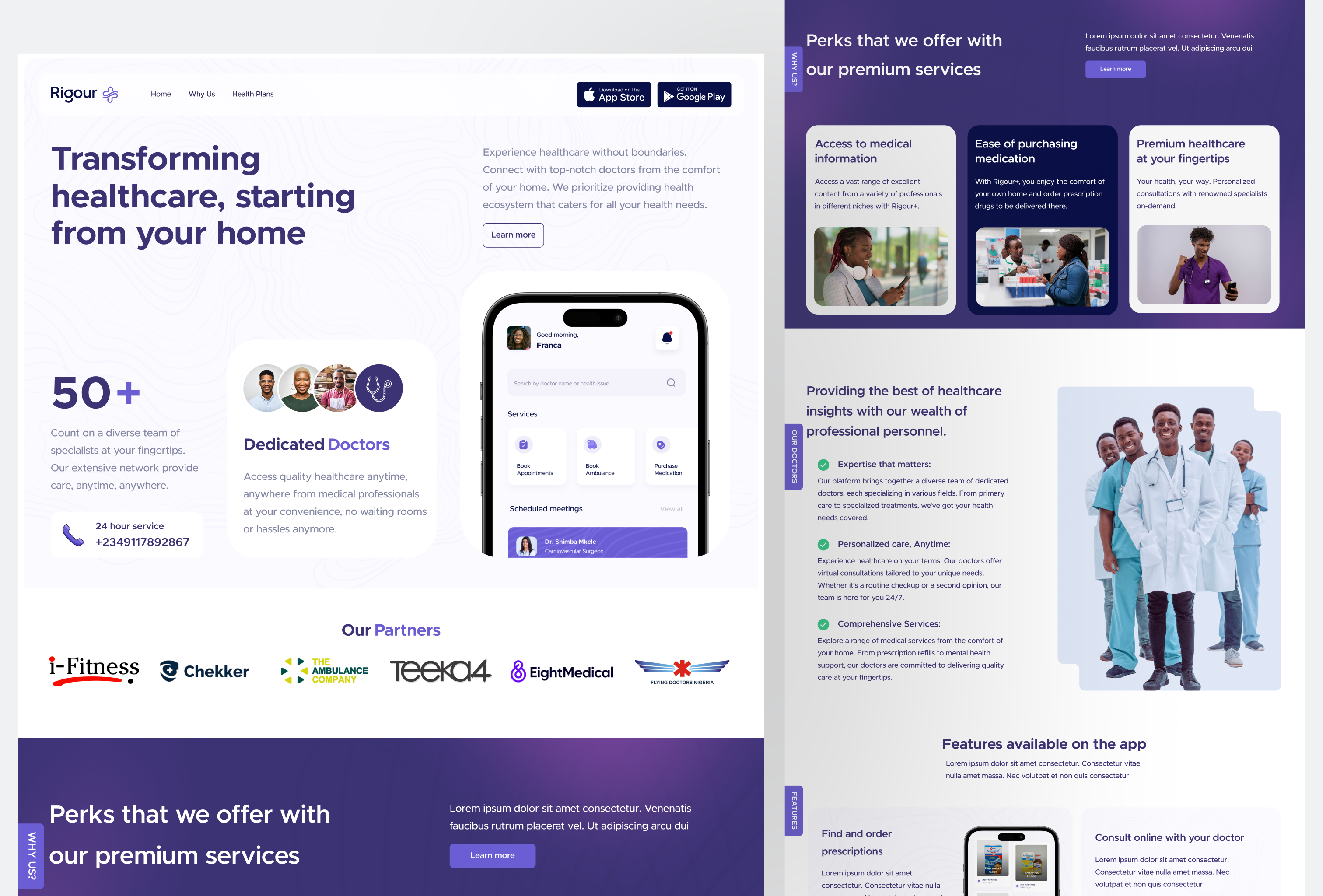 Rigour+ Health Care Reimagined black graphic design health healthcare healthtech landing page landingpage product design purple ui