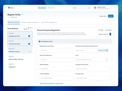 Klarla - Business Registration blue business dashboard graphic design onboarding register saas top navigation topnav tour tourism web
