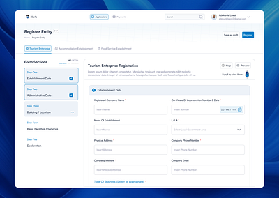 Klarla - Business Registration blue business dashboard graphic design onboarding register saas top navigation topnav tour tourism web