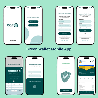 Green Wallet mobile money, mobile ui design banking app design fintech fintech mobile app mobile money mobile wallet ui design uiux ux vector virtual card virtual wallet wallet