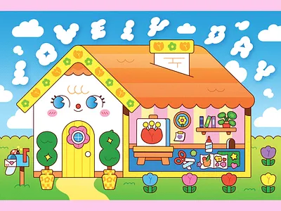 Lovely Day art studio character design clouds in the sky colorful colorful art design flat flowers house illustration illustrator ladybug landscape plants and flowers summer time typography vector whimsical art whimsicore